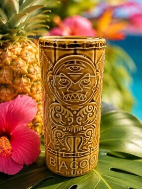Bacoo Rum Tiki Mug Tumbler Brown Ceramic Hawaiian Luau Tropical Bar Glass 6"